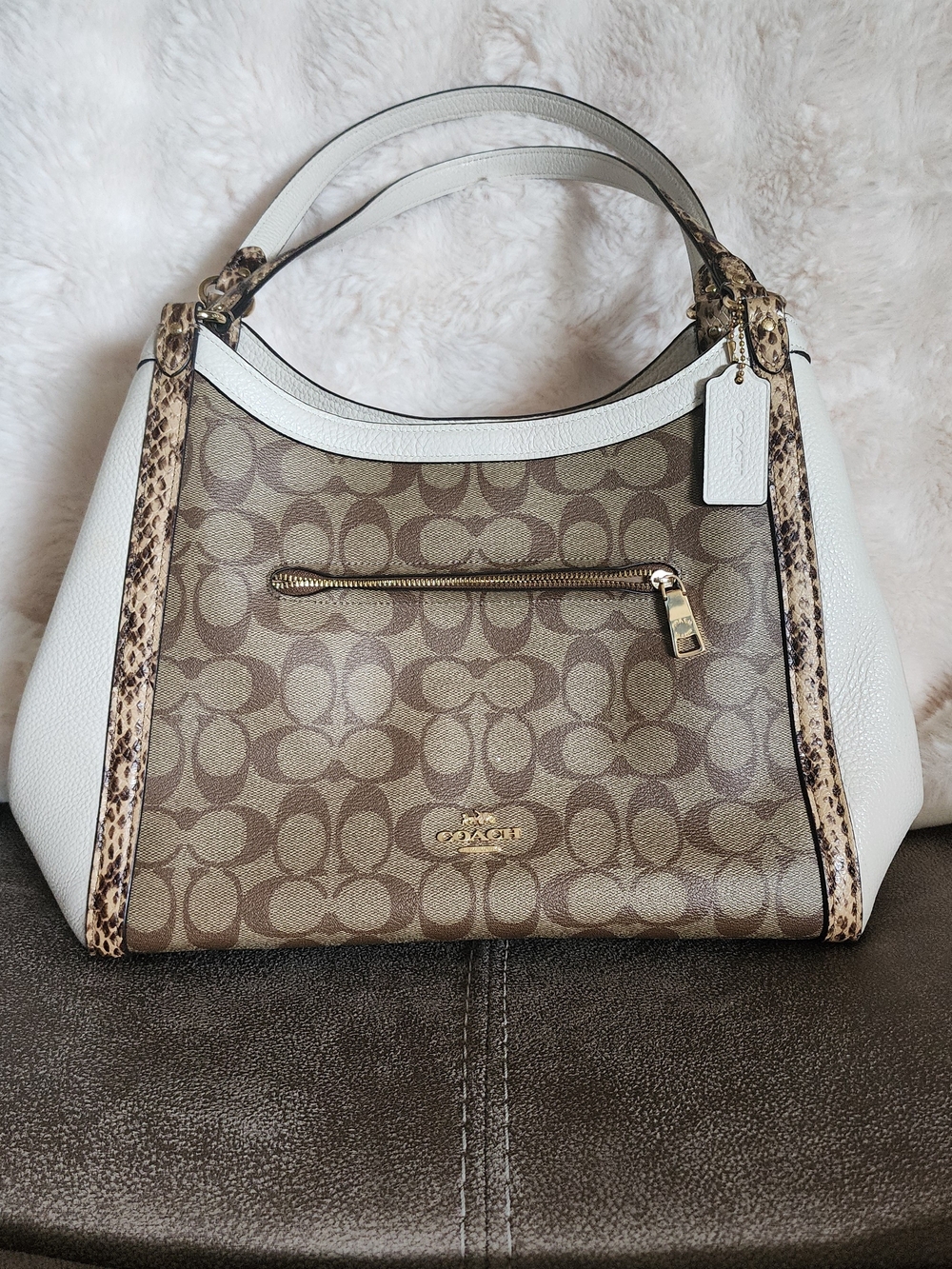 Coach Kristy Signature Canvas and White Leather  Bag with Snake-Trim